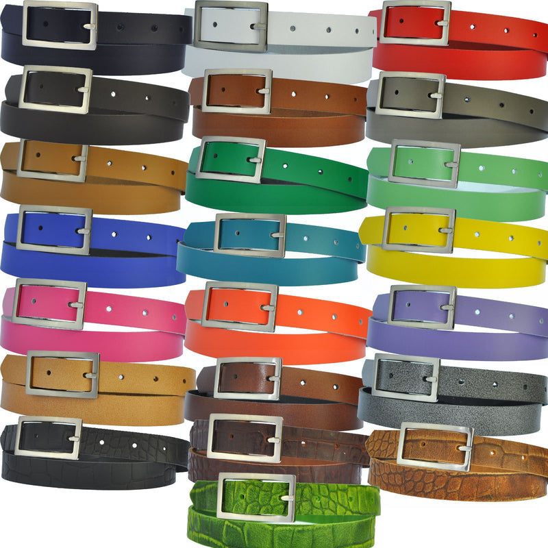 Narrow 3 cm wide genuine leather belt with 4 square buckles
